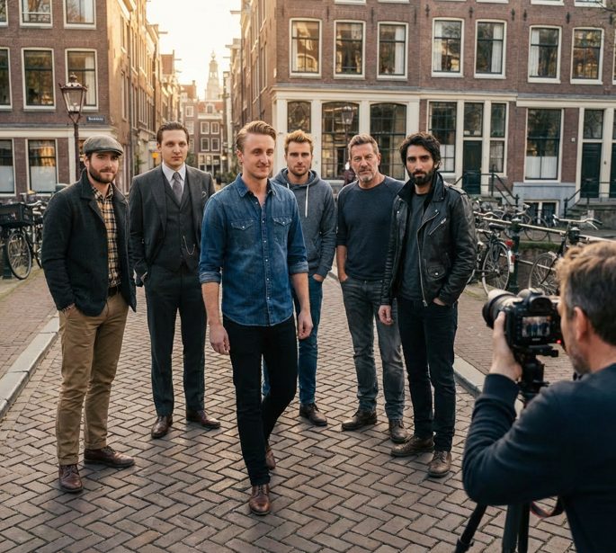 The six members of Van Rijn standing on a herringbone-brick canal street in Amsterdam while a photographer takes their picture.
