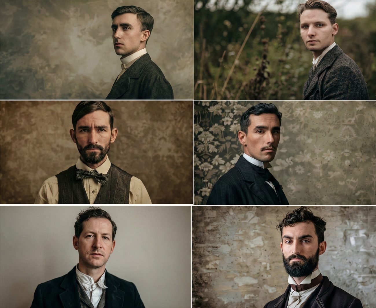 Six 19th-century style colour portraits of men in high collars, waistcoats and bow ties.