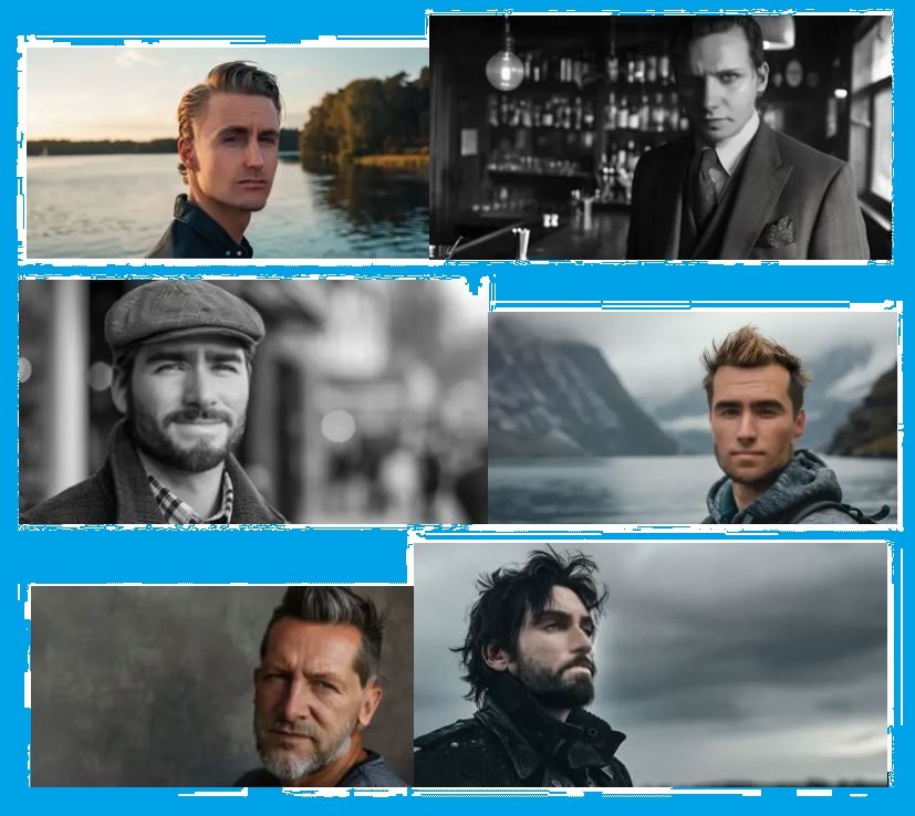 Six modern portraits of the members: by a lake, at a bar, in a flat cap, by a fjord, against a grey wall, under storm clouds.