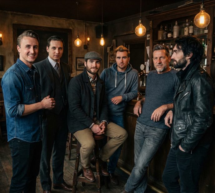 The six band members gathered around a dark wooden pub bar under Edison bulbs.