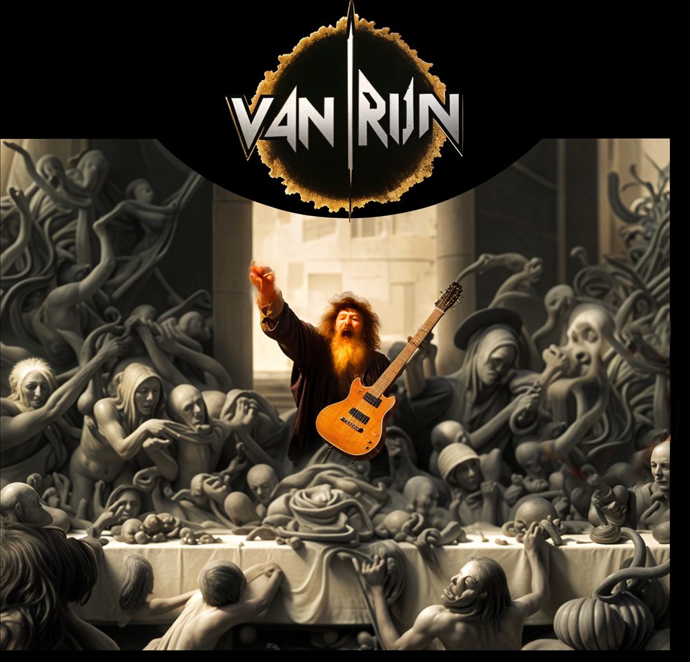 A wild-haired, bearded Rembrandt-like figure shouting and holding up an electric guitar in front of a grey sculpted crowd at a long banquet table, with the Van Rijn logo above.