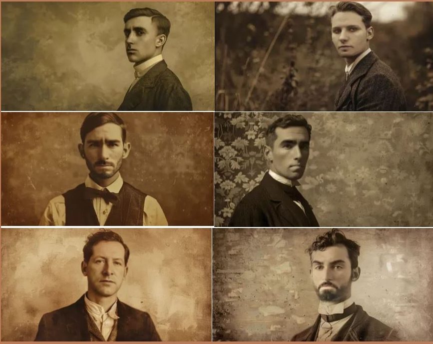 Six sepia-toned 19th-century style portraits of men in high collars, waistcoats and bow ties.