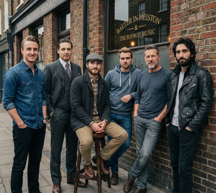 The band lined up against a brick pub wall, one seated on a stool.